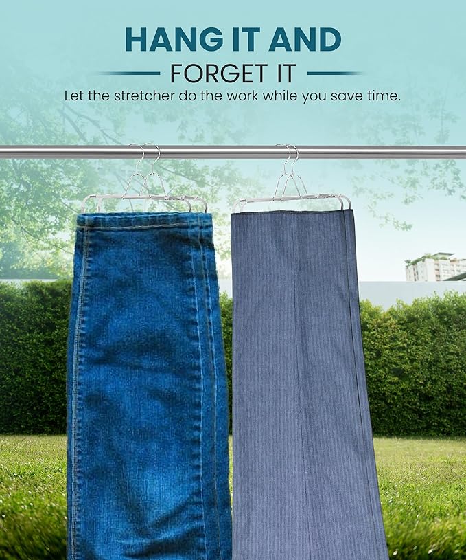 Pants Stretcher with Durable Wire Hanger – Wrinkle-Free, Perfectly Creased Drying for Jeans, Dress Pants, Slim Fit, Chinos, Slacks & Cargo. Adjustable Stretchers for Optimal Fit.