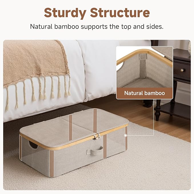 StorageWorks 2-Pack Underbed Storage Box with Bamboo Frame, 42L Flip-Top Under Bed Container for Blankets, Bed Sheets, Coverlets and Towels, Taupe