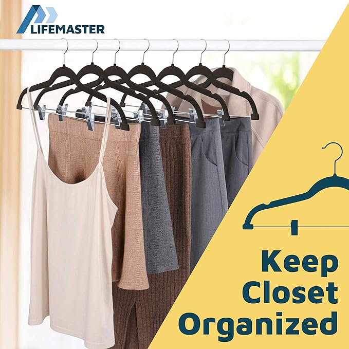 Lifemaster Velvet Skirt Hangers – with Adjustable Clips, 360 Degree Swivel Hook, and Non-Slip Shoulder Notch, Holds Up to 10 lbs, for Organizing Skirt, Pants, Dress, and Clothes, Pack of 30, Brown