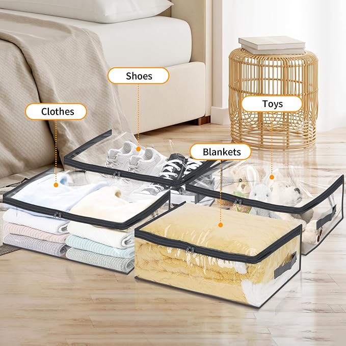 Fixwal 6pcs Clear Blanket Storage Bags with Zipper, Plastic Storage Bags for Closet Clothes Comforter Toys Sweaters Bedding, Bed Sheet Organizers (35L, 9.5 Gallons)