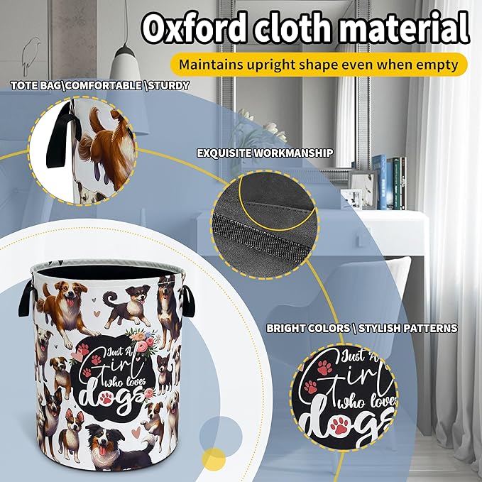 Dog Laundry Basket Puppy Lovers Foldable Waterproof Oxford Cloth Funny Tote Bag Laundry Hamper Clothes Storage Bucket Toy Organizer For Bathroom/Laundry Storage/Bedroom 18.9x16.5 Inch