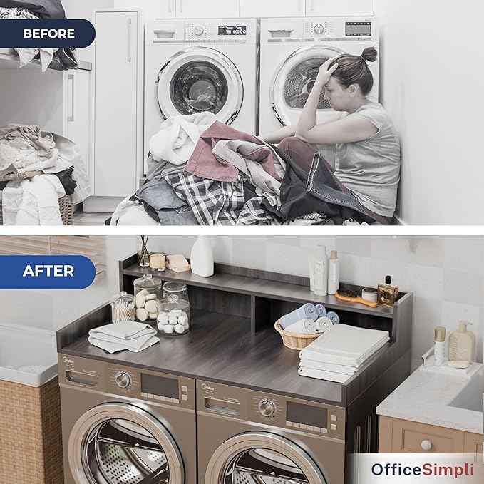 OfficeSimpli Large Washer Dryer Countertop with Shelf - 30 x 58 Inch - Made in USA Laundry Countertop Over Washer and Dryer with Non-Slip Pads, Storage Shelf, Laundry Topper Organizer, Iconic Maple