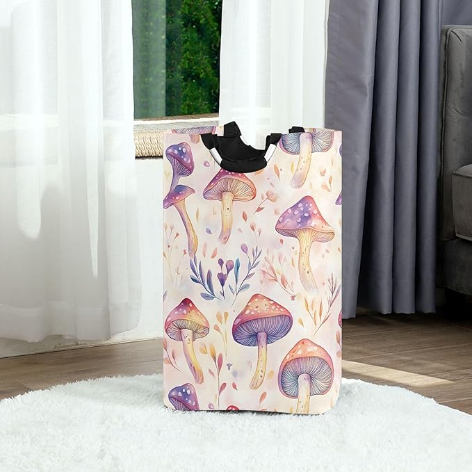 xigua Watercolor Cute Mushrooms Large Laundry Hamper with Handle, Foldable Clothes Hamper Collapsible Storage Basket for Toys and Clothes Organization in Bedroom, Bathroom, and Laundry Room