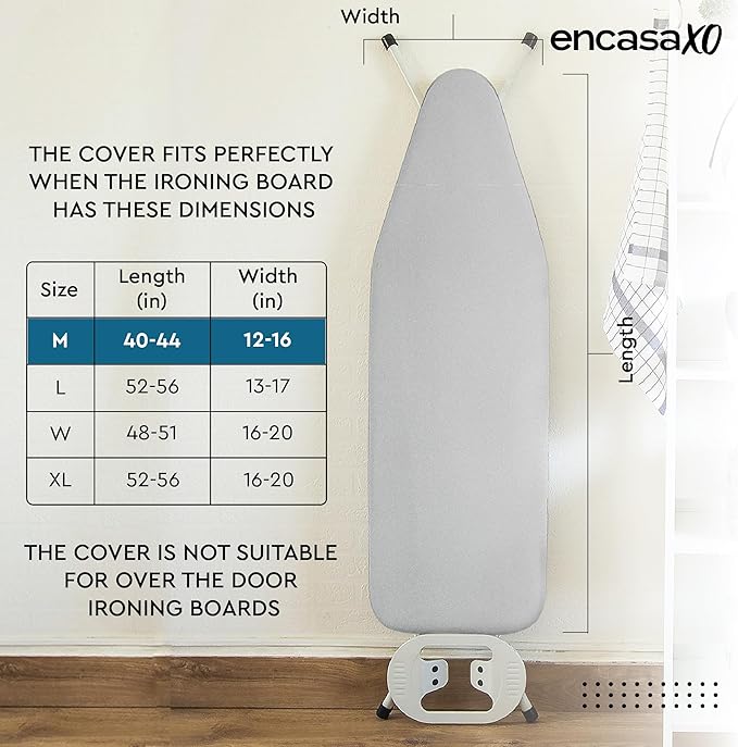 Encasa XO Ironing Board Cover and Pad 42"x14" - Thick 2mm Foam Padding, Drawstring Tightening & Lock, Heat Reflective, Scorch & Stain Resistant, Medium Ironing Board - Silver Premium