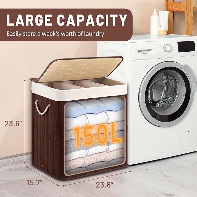 150L Laundry Hamper with lid, 3-Section Clothes Laundry Basket with Handles, Large Collapsible Bamboo Baskets for Bedroom, Bathroom, Dorm, Brown