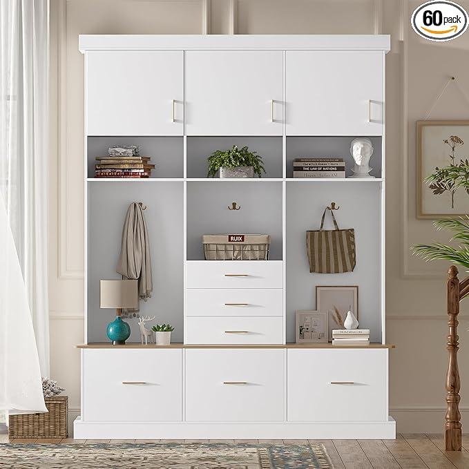 Modern 58'' Wide Hall Tree with Bench and Storage, 5-in-1 Wood Hall Tree with Coat Rack, 6 Drawers, 3 Cabinets and 3-Tier Top Storage for Hallway, Entryway, Living Room, Mudroom (White-10.15)