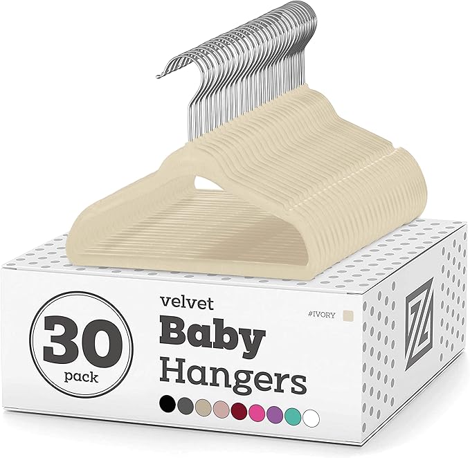 Zober - Baby Velvet Hangers - Premium Quality, Space Saving, Strong and Durable - Perfectly Sized For Babies 0-48 months - 11" wide - Ultra Thin Non-Slip Hangers 360 Chrome Swivel Hook [30 pack] Ivory