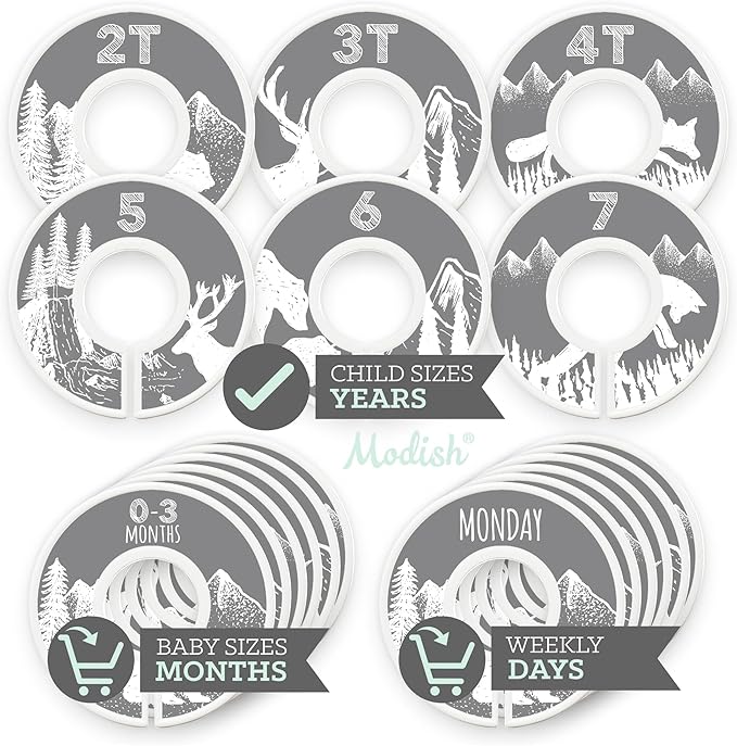 Kids Clothes Closet Organization, Hanging Size Dividers: Months & Years, Baby Toddler Children Girl Boy Neutral Gray Woodland Animal Outdoor Mountain Forest Safari Explorer Nursery Room Décor Gift