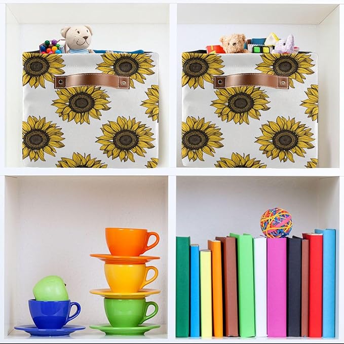Foldable Storage Baskets, Meadow Sunflower Storage Bins with Handles, Decorative Cloth Organizer Storage Boxes for Home|Office 15 x 11 x 9.5 in