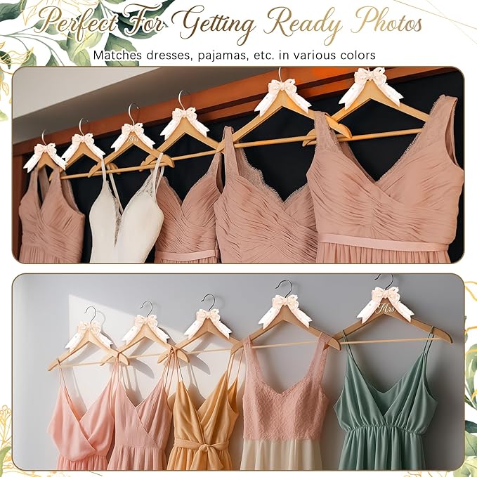 Geelin 8 Pcs Bride Dress Hanger and Bridesmaid Hangers for Wedding Ribbon Bow Pearl Elegant Wooden Mrs. Hangers for Bridal Keepsake Bridal Shower Wedding Day Gift