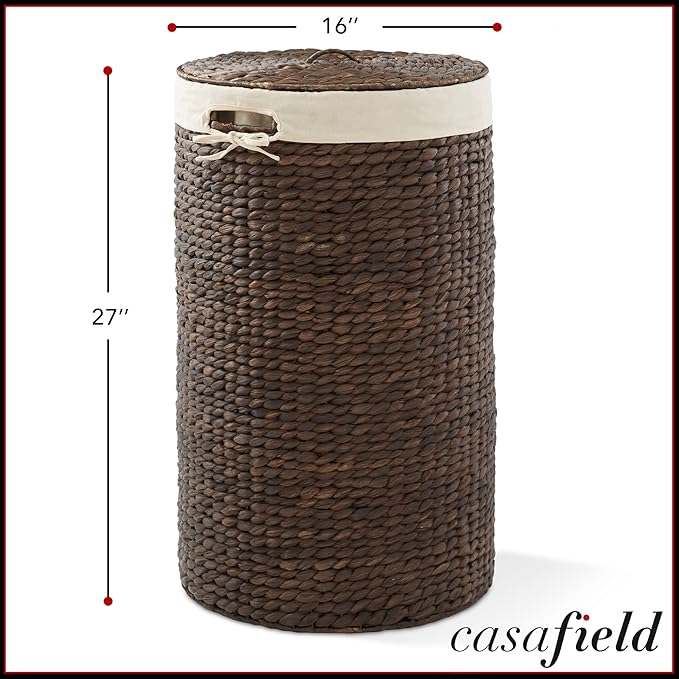 Casafield Round Laundry Hamper with Lid and Removable Liner Bag - Espresso Dark Brown, Woven Water Hyacinth Wicker Laundry Basket for Clothes, Towels