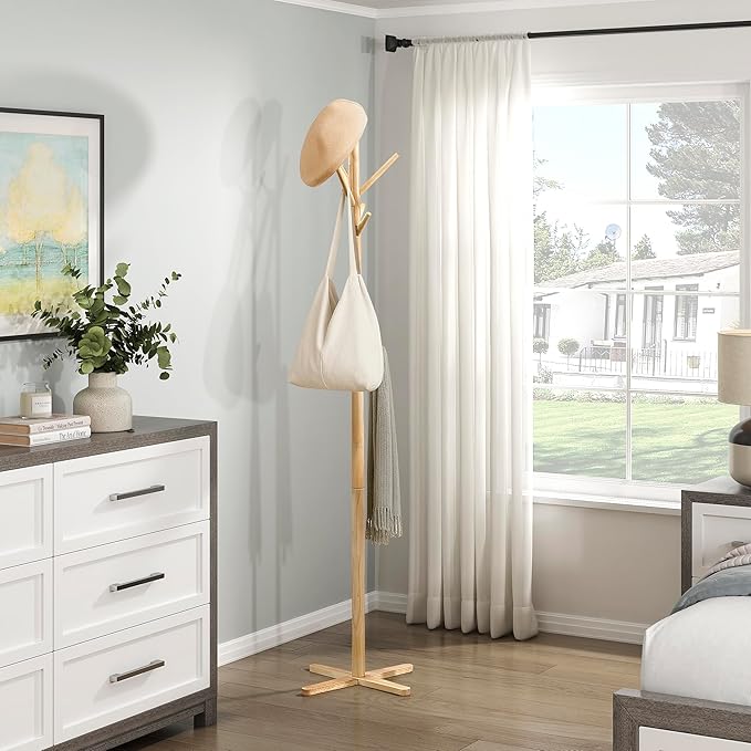 Lexicon Sturdy Solid Wood Coat Rack Stand with 9 Hanging Hooks for Hats,Scarves, Handbags, 3-Tier Wooden Coat Rack Freestanding Tree Used in Bedroom, Entryway, Hallway, Office, Natural
