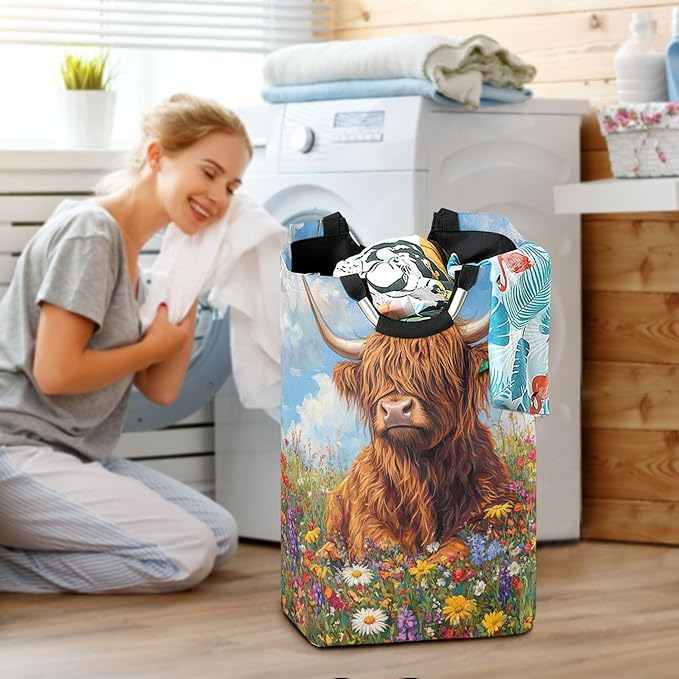 xigua Highland Cow Large Laundry Hamper with Handle, Foldable Clothes Hamper Collapsible Storage Basket for Toys and Clothes Organization in Bedroom, Bathroom, and Laundry Room