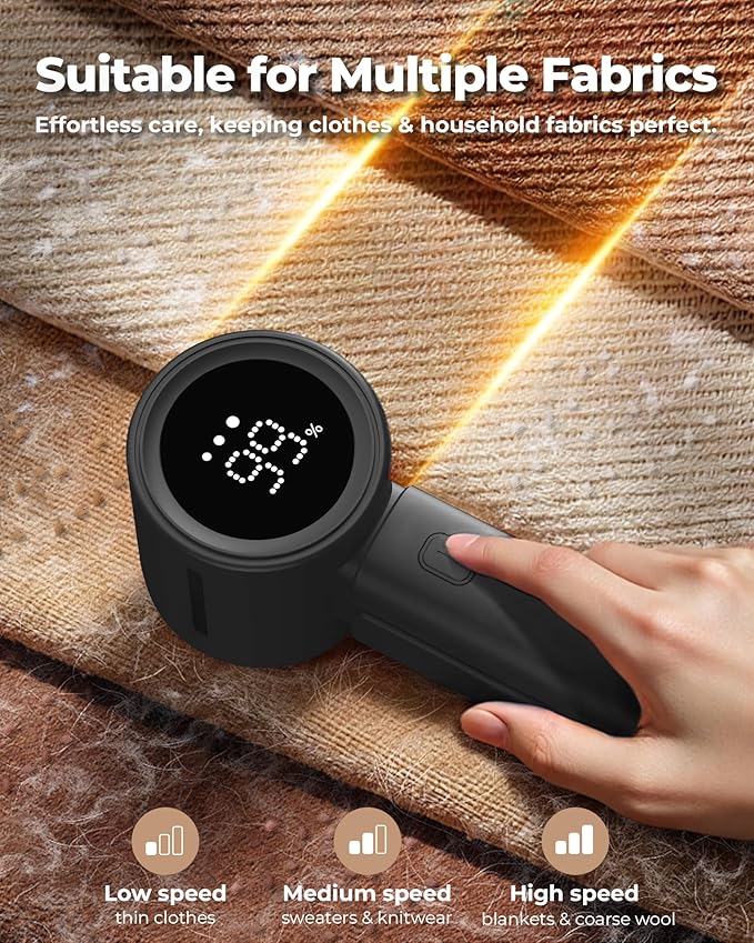 Fabric Shaver, Electric Lint Remover, Sweater Shavers to Remove Pilling with 3 Speeds, 6 Leaf Blade, LED Display & Type-C Rechargeable, Removes Fuzz, Pills for Clothes, Couch, Furniture