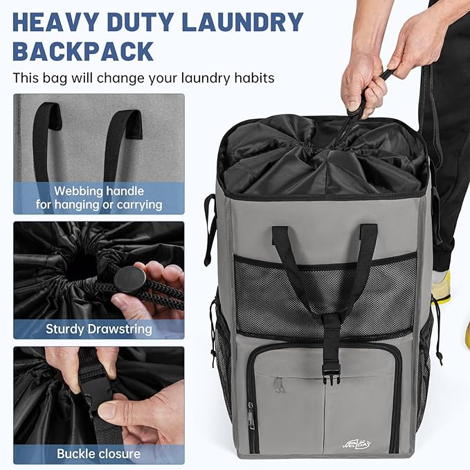 95L Laundry Backpack Bag with 3 Sizes Mesh Wash Bags Empty, Extra Large 2 in 1 Laundry Hamper Basket with Shoulder Straps, Freestanding Laundry Bag for College Dorm, Laundromat, Apartment (Grey)