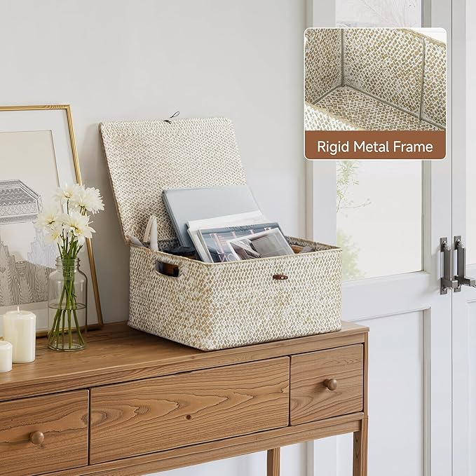 StorageWorks Wicker Baskets with Lid, Seagrass Storage Baskets for Shelves, Decorative Box with Built-in Handles,White