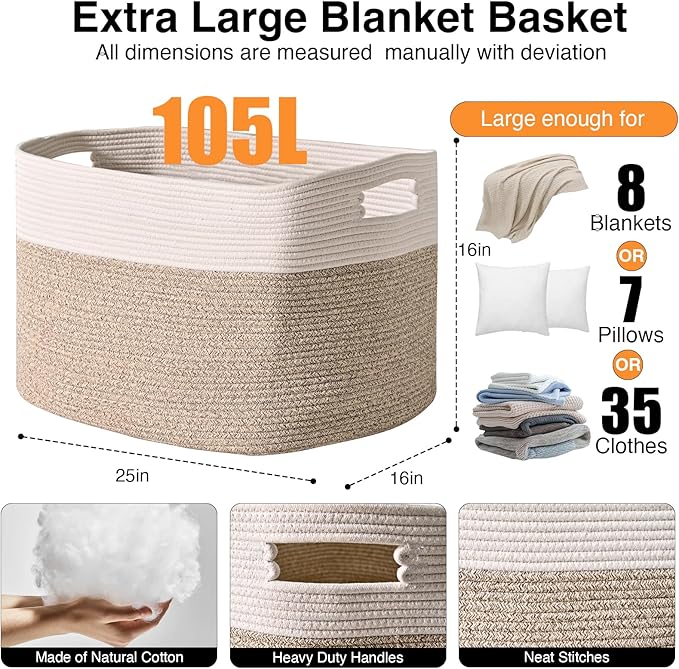 Extra Large Blanket Basket for Living Room, Rectangle Woven Cotton Rope Storage for Blankets, Toys, Clothes, Shoes, 25”x16”x16”, Off White & Brown, 108L