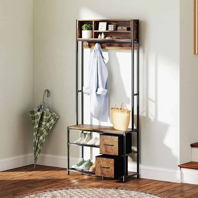 HOMCOM Hall Tree with Bench and Shoe Storage, 5-in-1 Entryway Bench with Coat Rack, 3 Storage Compartments, 5 Coat Hooks, 2 Fabric Drawers, Distressed Dark Brown