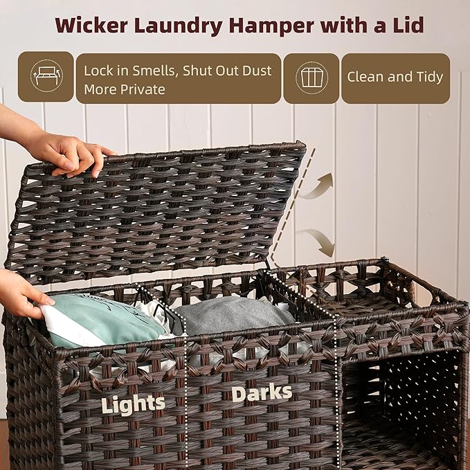 Laundry Hamper with Lid, 160L Rattan Wicker Laundry Basket with Wheels, Handwoven Laundry Hamper 2-Section with Storage shelf(42.3 Gal), Laundry Sorter Basket with Removable Liner, Brown HLH032BR