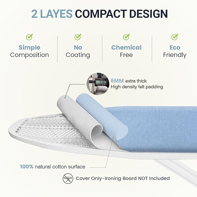 Ironing Board Cover and Pad 15"x54" Extra Thick Natural Cotton, Scorch and Stain Resistant Padding, Standard Size Iron Board Cover with Fasteners Heavy Duty Elastic Edge, Heatproof Blue