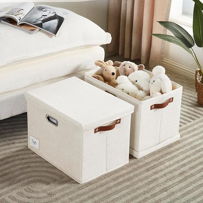 15" Large Collapsible Storage Bins with Lids, Stackable Closet Organizers with PU Handle and Labels, 3-Pack Decorative Fabric Storage Boxes for Home, Bedroom, Closet, Office, Nursery(White)