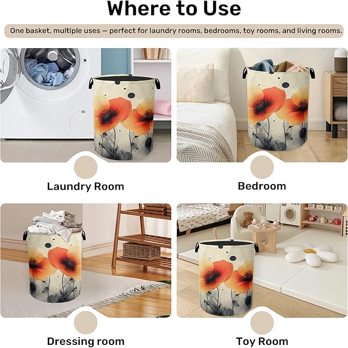 Orange Flowers Laundry Basket - Heavy Duty 60L Dirty Clothes Basket, Water Resistant Foldable Hamper for Men Women, Storage Basket for Bedroom, Bathroom, Nursery
