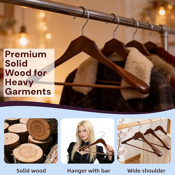 Luxury Wide Shoulder Wooden Suit Hangers with Pants Bar, Solid Wood Jacket Clothes Hangers Smooth Finish for Sweater Dress Pants Sport Coats (Dark Brown, 6 Pack)