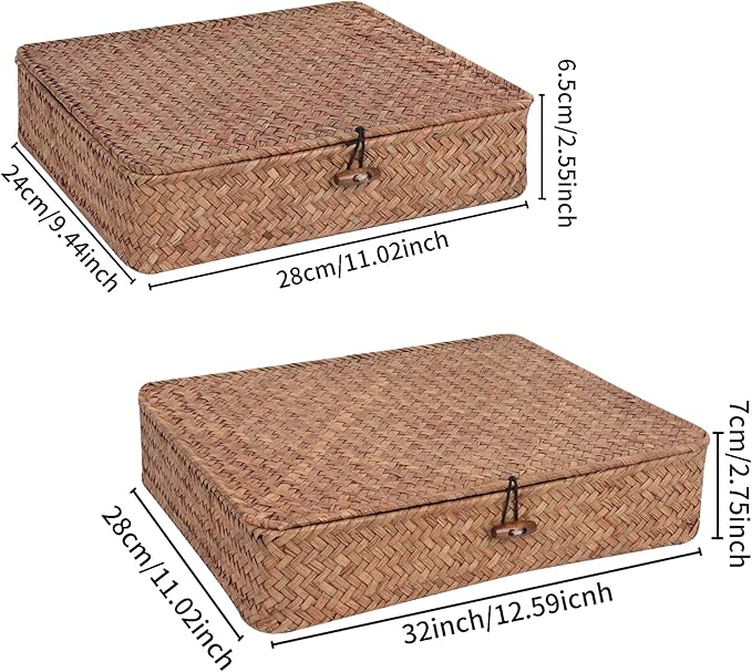 Flat Wicker Shelf Baskets with Lid, Handwoven Seagrass Basket Boxes for Storage Baskets Bins Home Decor Organizer (Coffee Set of 2)