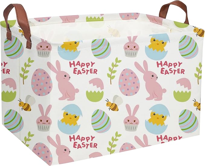 Easter Bunny Kids Gift Basket - Rectangular Toy Storage Basket Organizer Bin Box for Boys & Girls - Cute Easter Egg Room Decor for Home