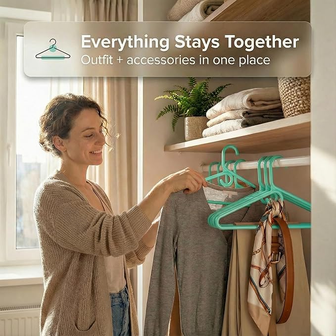 DEILSY™ Aqua Heavy Duty Hangers with Hooks for Scarves & Belts – Thick and Strong Clothes Hangers for Shirts, Jackets, Pants, and Dresses – Space-Saving Plastic Hangers – Pack of 10