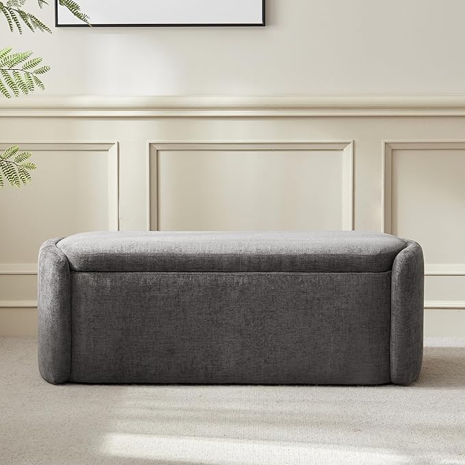 VKNOW Oval Storage Ottoman Bench, 46" Upholstered End of Bed Bench Ottomans Bench Foot Rest, Sherpa Storage Bench for Bedroom, Living Room and Hallway, Dark Grey