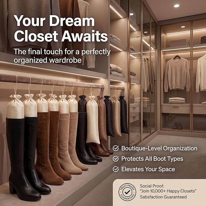 Boot Shapers for Tall Boots with Cinched String for Hanging
