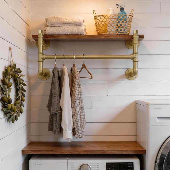 WEBI Wall Mounted Clothes Rack with Shelf,30" Industrial Pipe Clothing Rack with Shelf with Hanging Rod,Heavy Duty Iron Garment Rack Bar,Retail Display Clothes Rod for Laundry Room,Closet,Gold