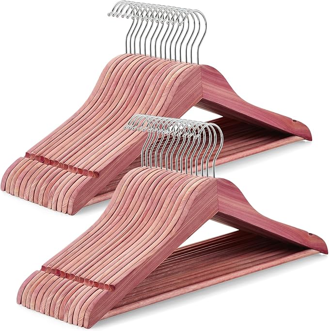 TOPIA HANGER 30-Pack American Red Cedar Wooden Hangers, Clothes Hangers for Closet, Wood Coat Hanger with Smooth Cut Notches, 360° Swivel Hook, Non-Slip Pants Bar-CT54C30