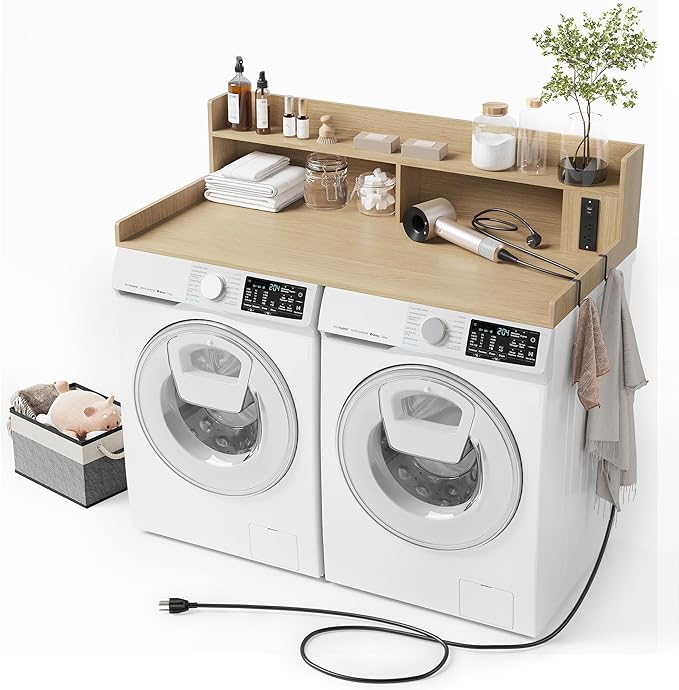 Upgraded 2-Tier Washer and Dryer Countertop with Power Outlet,54" W x 27.6" D Large Laundry Countertop for Fold Clothes, Laundry Topper with Non-Slip Pads & Metal Hooks and Storage Basket