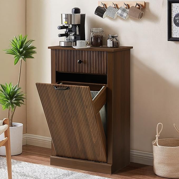 Modern Tilt Out Laundry Hamper Cabinet, Fluted Hidden Garbage Cabinet with Laundry Storage Basket, Wooden Trash Can Cabinets with Drawer (Brown, 13"D x 21"W x 36"H (Single))