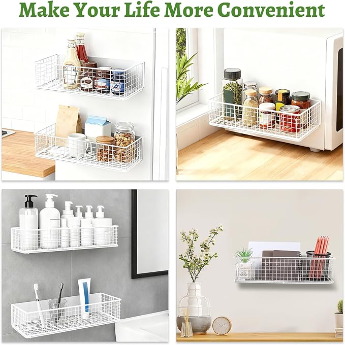 2 Pack Magnetic Basket for Fridge, Magnetic Spice Rack for Side of Refrigerator, Magnet Wire Bin Basket Fridge Shelf Organizer Kitchen Classroom Whiteboard Pantry Office Laundry Storage, White