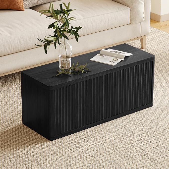 Double Layered Shoe Cabinet with Bench,Wooden Shoe Bench with Soft Cushion,Double Door without Handle Pressing Spring,Fluted Panel,Suitable for Entrance,Corridor and Living Room (Shoe Bench-Black)
