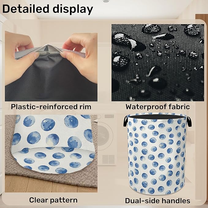 Blue Polka Dots Laundry Basket with Handles - Extra Large Foldable Hamper for Bathroom/Laundry/Bedroom/Dorm, Washable Fabric Storage Bin