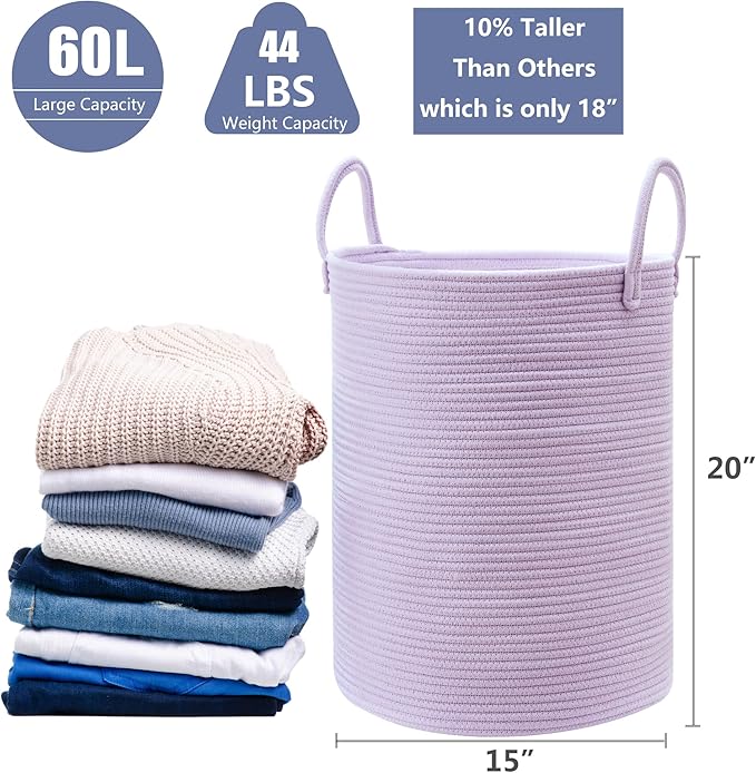 60L Large Purple Hamper Laundry Basket for Nursery Kids Tall Lavender Blanket Basket for Girls Cotton Rope Lilac Clothes Hamper in Bedroom 15Dx20H inches