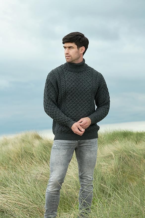 Aran Crafts Unisex Irish Cable Knitted Soft Roll Neck Sweater (100% Merino Wool)