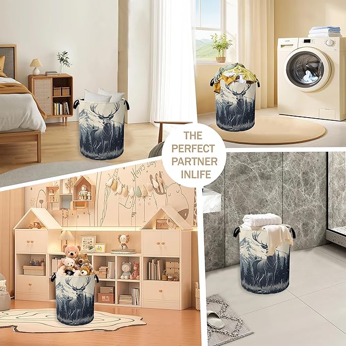 Collapsible Laundry Basket,Vintage Forest Deer Dirty Clothes Hamper,Snow Mountain Hampers for Bedroom Waterproof Oxford Cloth Storage Organizer for Bathroom,Nursery,Dorm,16x20 Inch