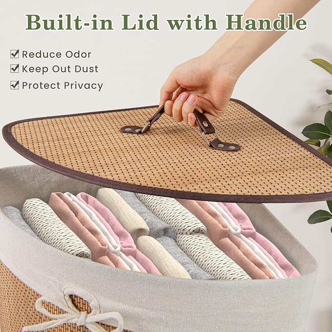 GOFLAME Corner Bamboo Laundry Hamper with Lid and Removable Liner, Washing Clothes Basket Storage Bin with Handle, Suitable for Bedroom, Bathroom, Laundry, Bamboo