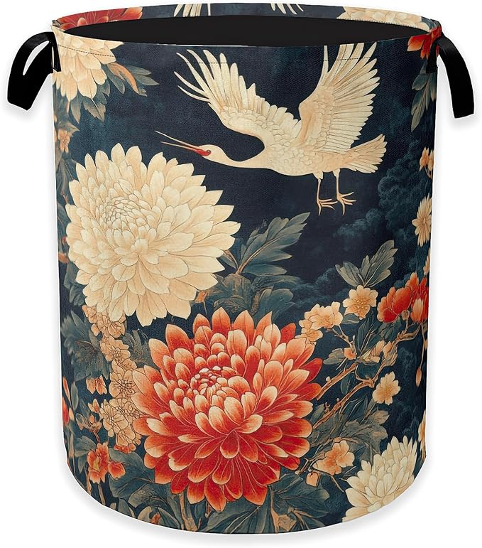 Collapsible Laundry Basket,Retro Crane Dirty Clothes Hamper,Vintage Flowers Hampers for Bedroom Waterproof Oxford Cloth Storage Organizer for Bathroom,Nursery,Dorm,16x20 Inch
