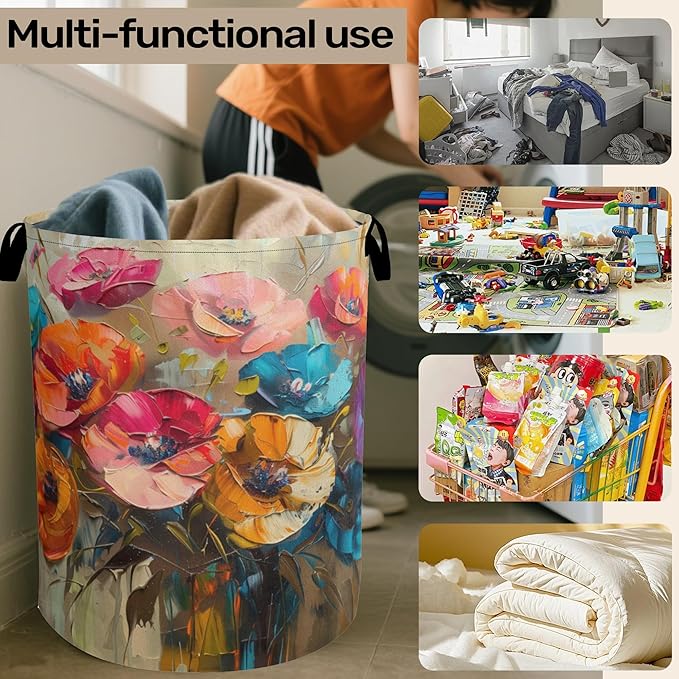 Modern Floral Oil Painting Laundry Basket - Heavy Duty 60L Dirty Clothes Organizer, Water Resistant Foldable Hamper for Men Women