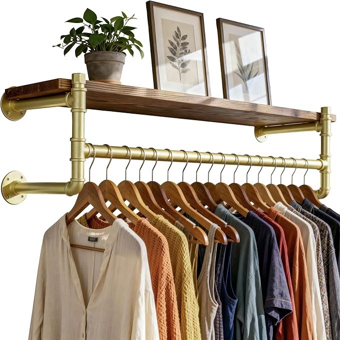 WEBI Wall Mounted Clothes Rack with Shelf,36" Industrial Pipe Clothing Rack with Shelf with Hanging Rod,Heavy Duty Iron Garment Rack Bar,Retail Display Clothes Rod for Laundry Room,Closet,Gold