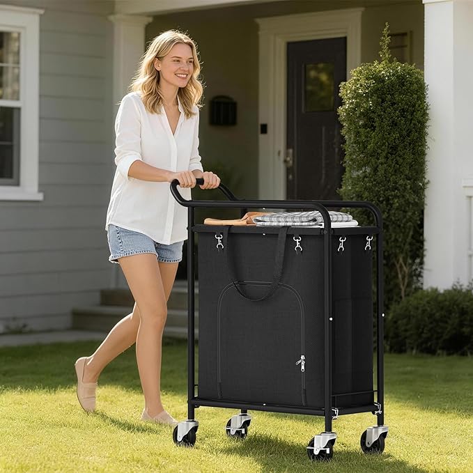 Laundry Basket with Wheels,150L Large Rolling Laundry Hamper, Heavy-Duty Laundry Cart Sturdy Metal Frame with Handle, Minimizes Bending Easy Access Clothing for Bedroom, Bathroom, Laundry Room (Black)