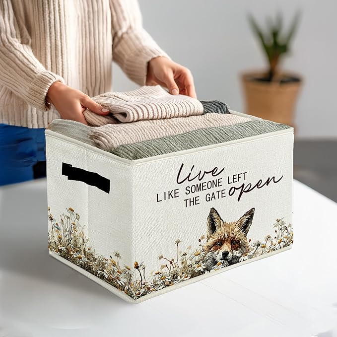 Rustic Fox Storage Bins & Boxes with Handles, Farmhouse Fox Foldable Basket for Organizing, Live Like Someone Left the Gate Open Collapsible Storage Basket for Bedroom Bathroom Clothes Toys