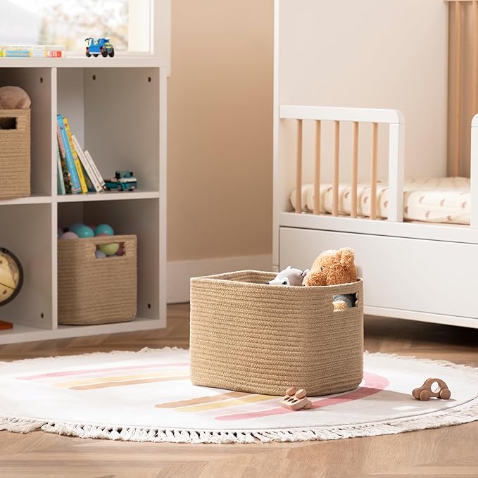UBBCARE 2 Pack Storage Baskets for Organizing, Shelf Baskets with Handles, Woven Storage Baskets for Bookcase/Cube Shelf/Closet, 14.5"L x 9.8"W x 9"H, Jute