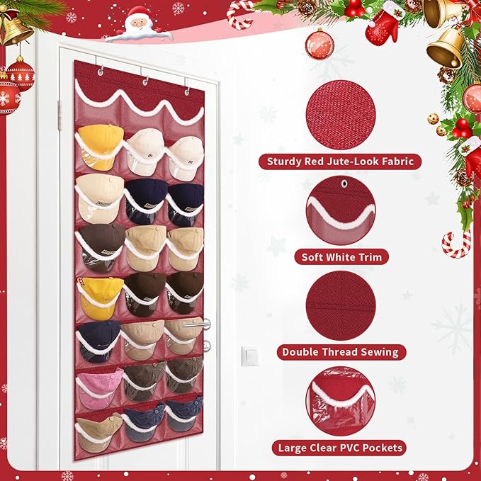 LoforHoney Hat Organizer for Baseball Caps, Over The Door Hat Rack with 24-Pocket, 3 Hooks, Christmas Organizer for Santa Hats, Stockings, Gifts, Festive Red with White Fluffy Trim-Ideal Holiday Gift